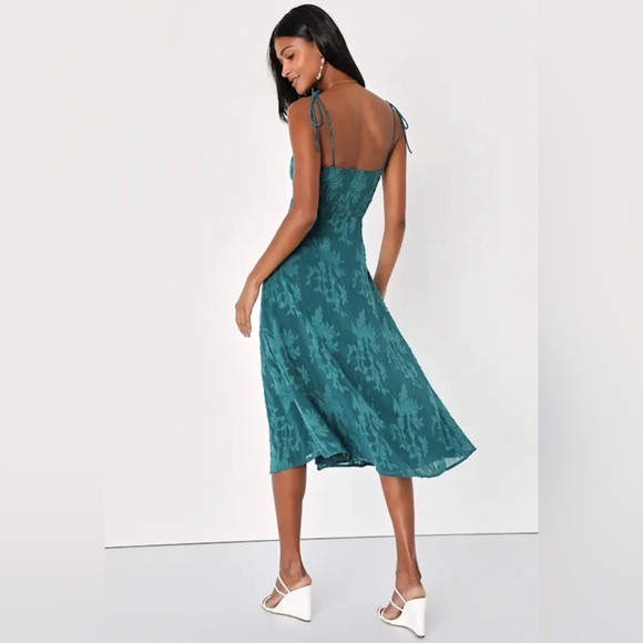 NWT Lulus Loveliest Looks Emerald Green Jacquard Tie-Strap Midi Dress - Picture 2 of 6